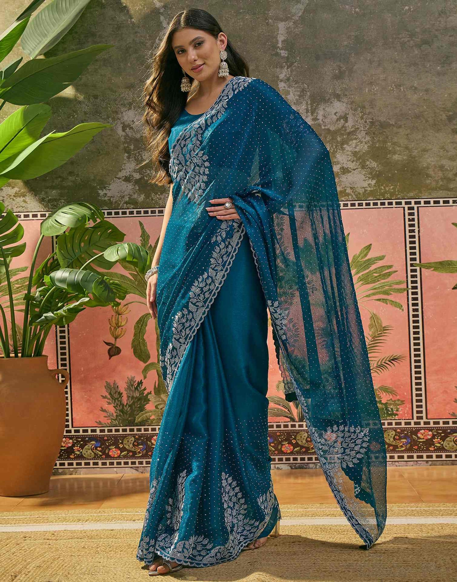 Peacock Blue Shimmer Stone Work Swarovski Saree