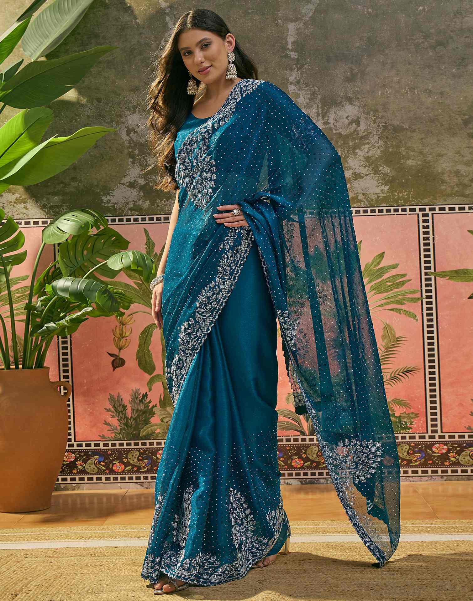 Peacock Blue Shimmer Stone Work Swarovski Saree