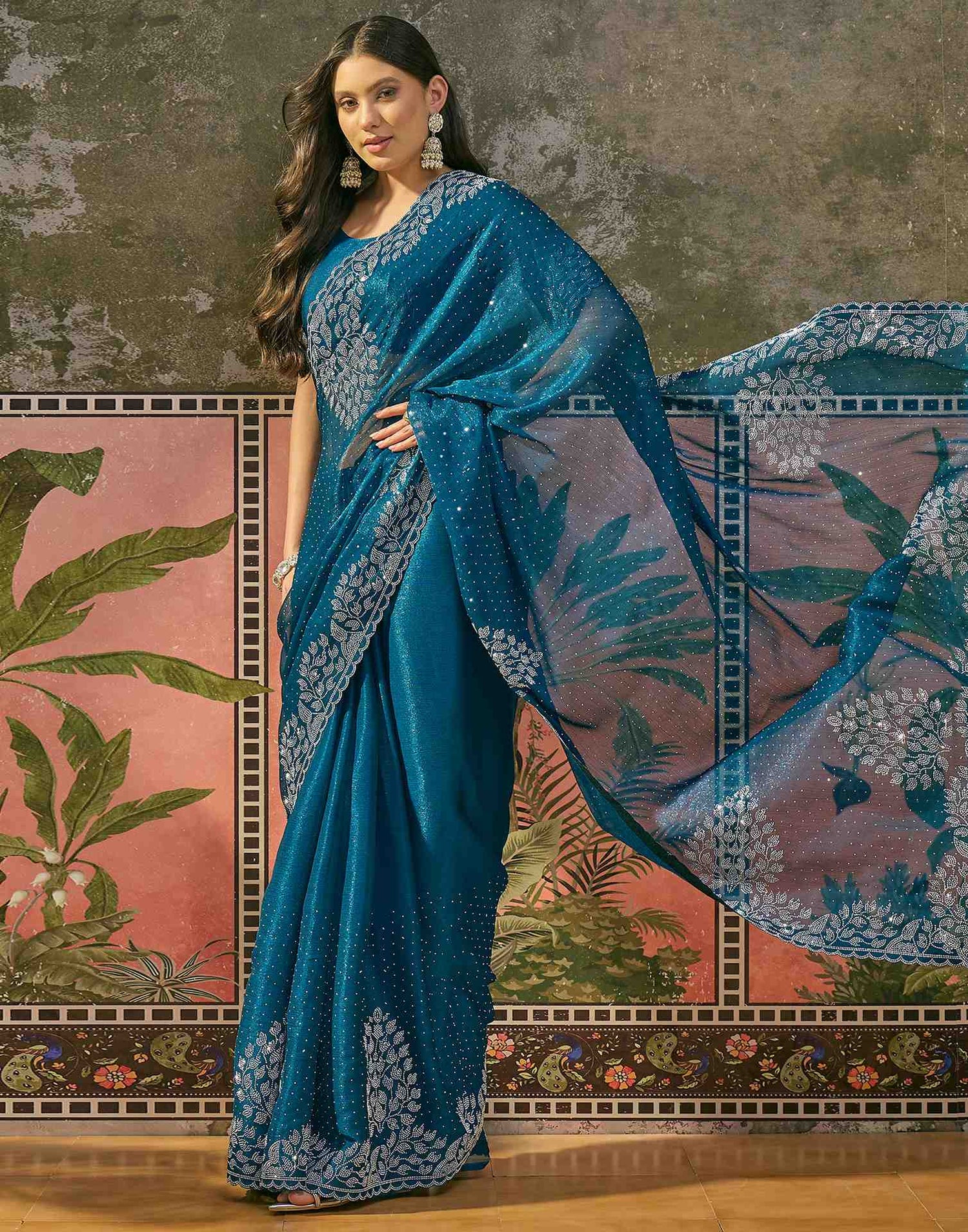 Peacock Blue Shimmer Stone Work Swarovski Saree