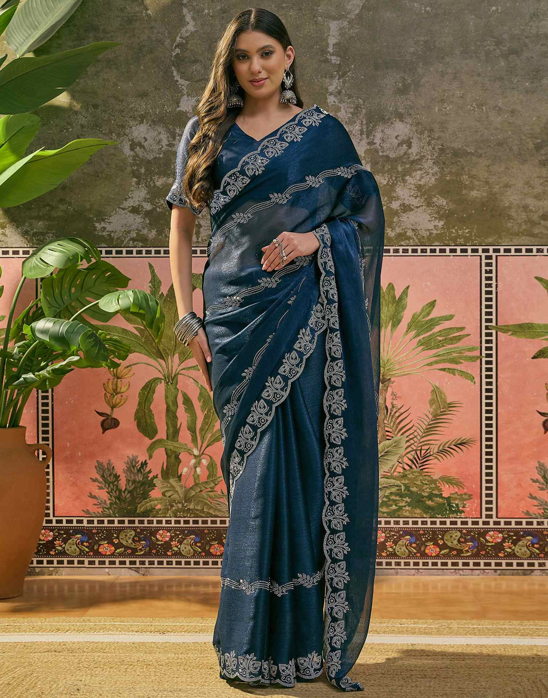 Navy Blue Shimmer Stone Work Embellished Saree
