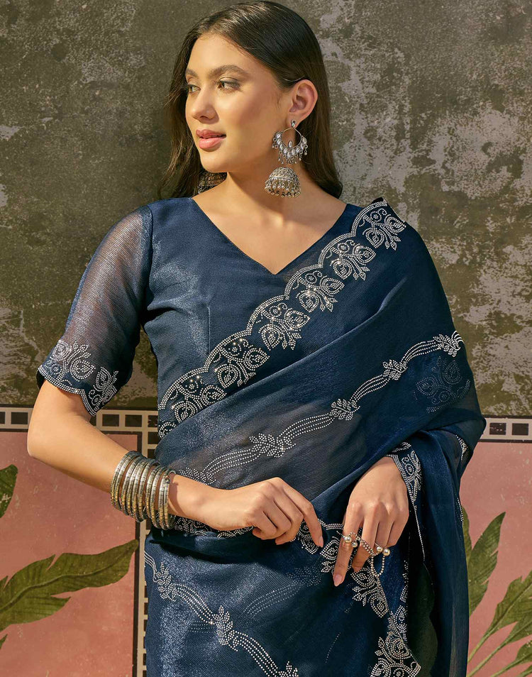 Navy Blue Shimmer Stone Work Embellished Saree