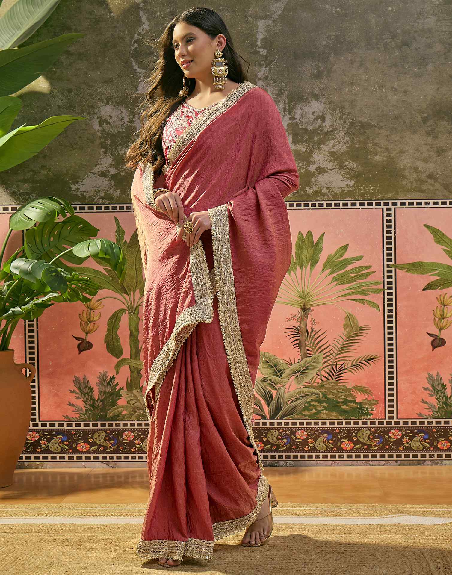 Maroon Tissue Silk Lace Saree