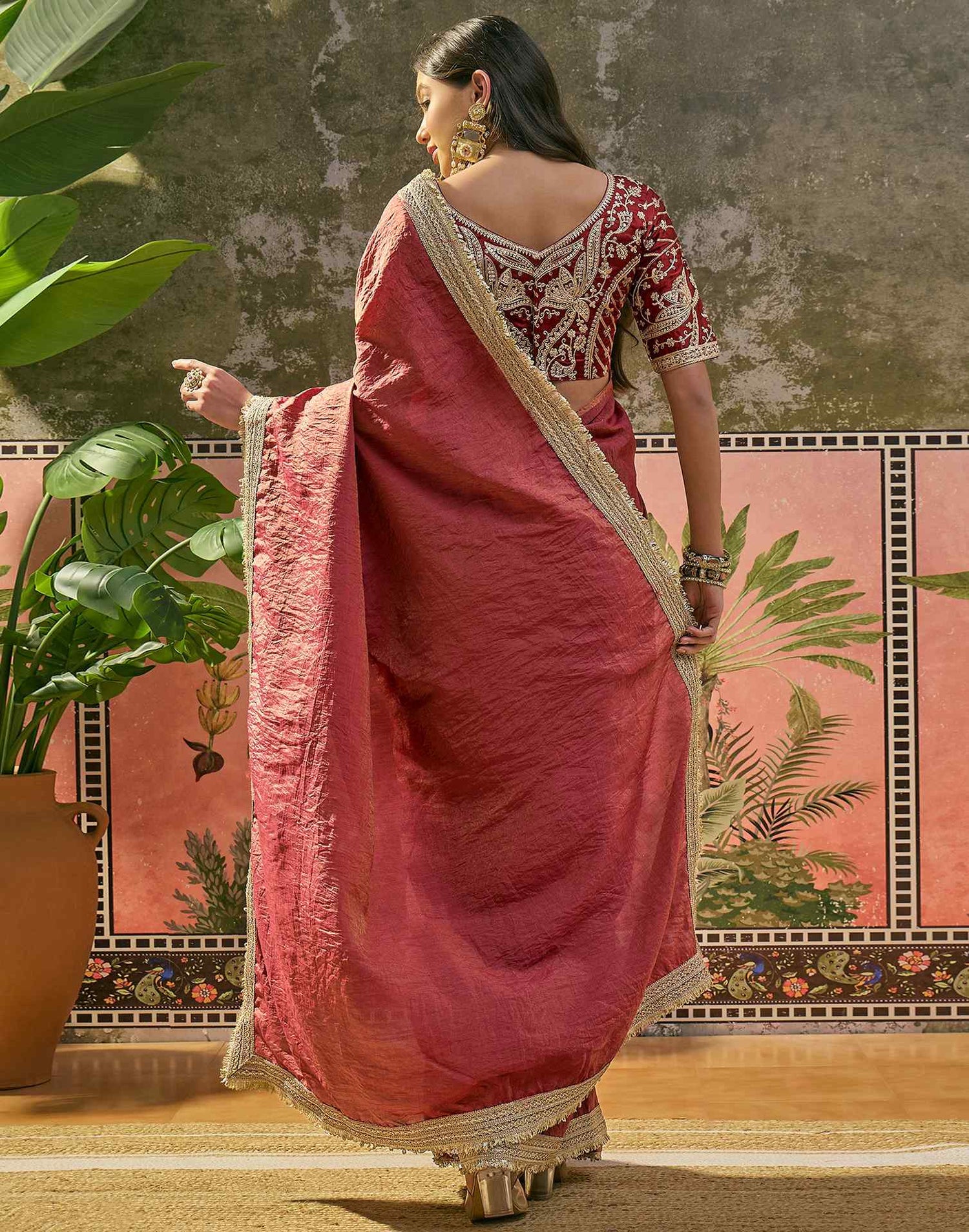 Maroon Tissue Silk Lace Saree