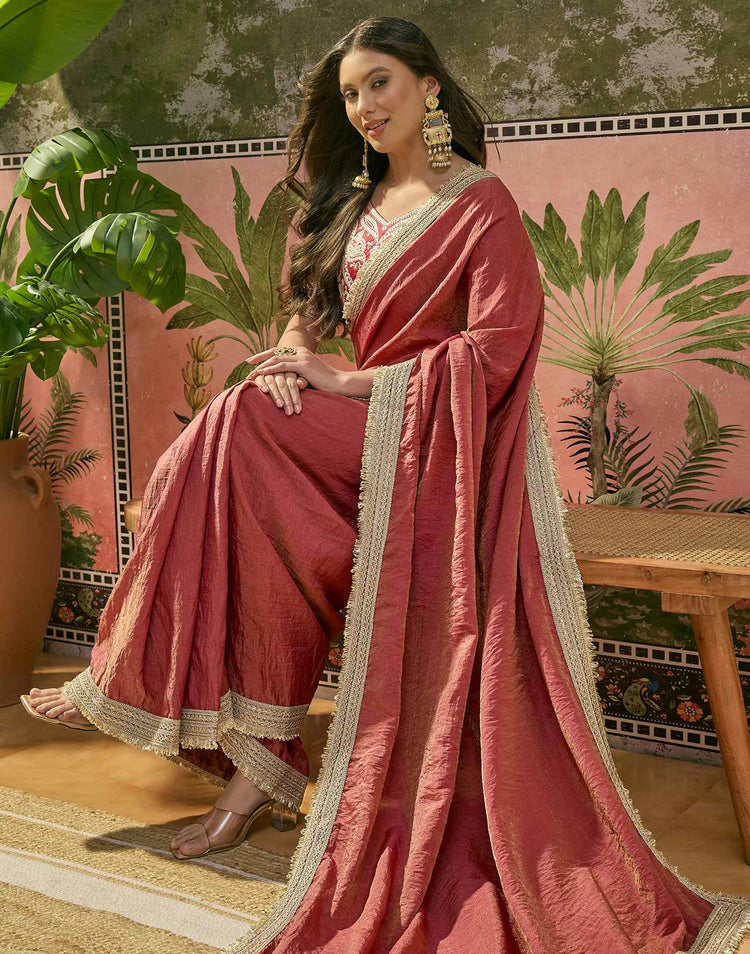 Maroon Tissue Silk Lace Saree
