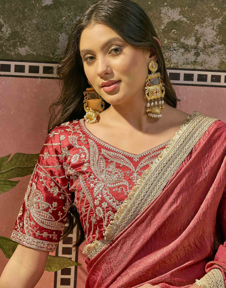 Maroon Tissue Silk Lace Saree