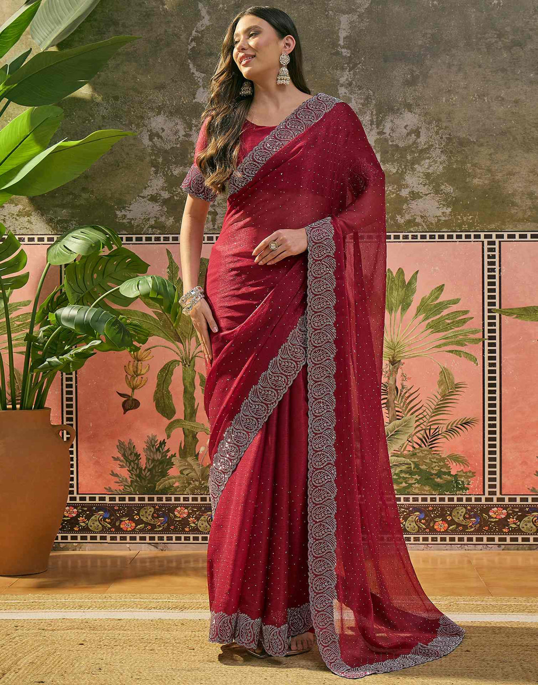 Maroon Shimmer Stone Work Swarovski Saree