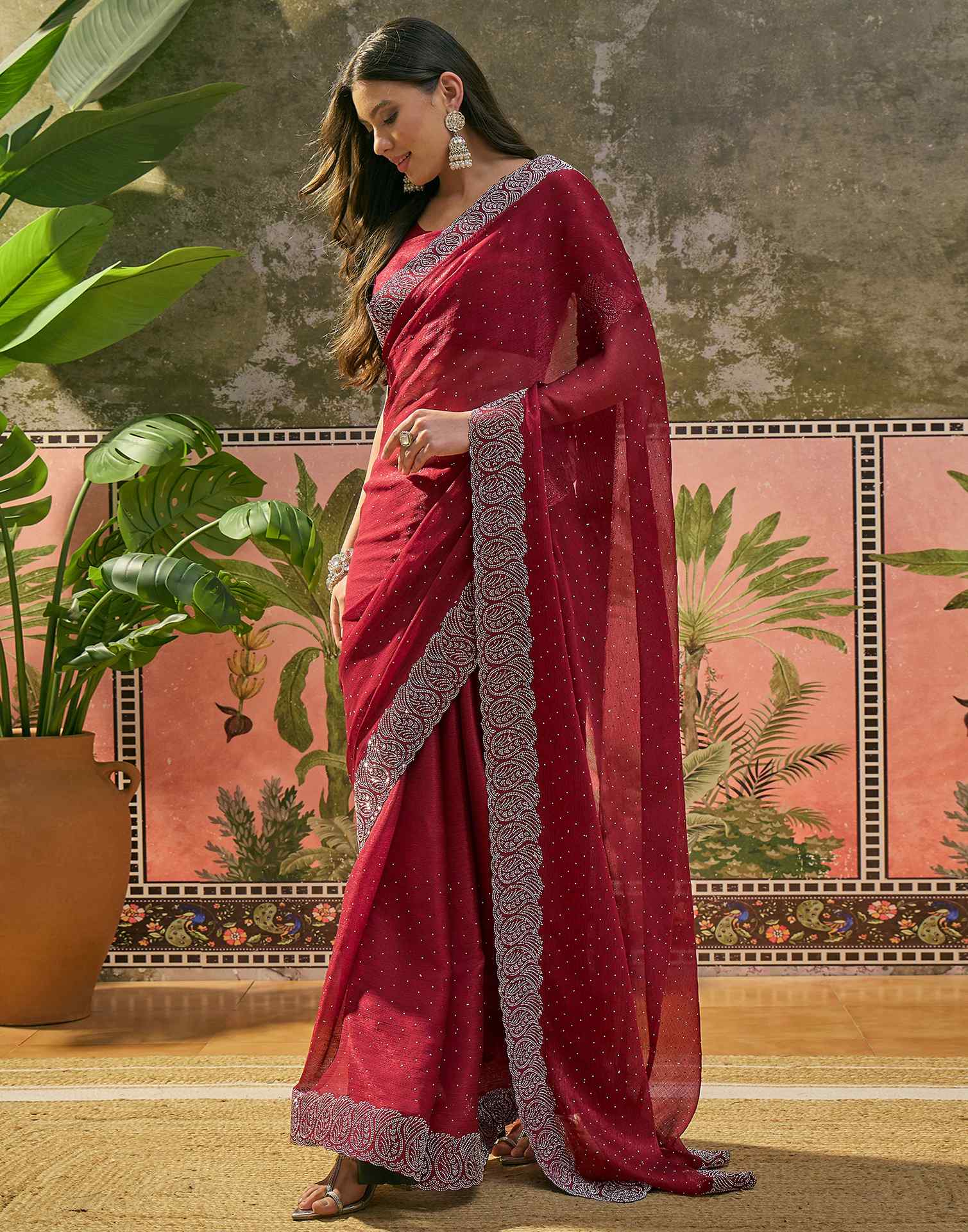 Maroon Shimmer Stone Work Swarovski Saree