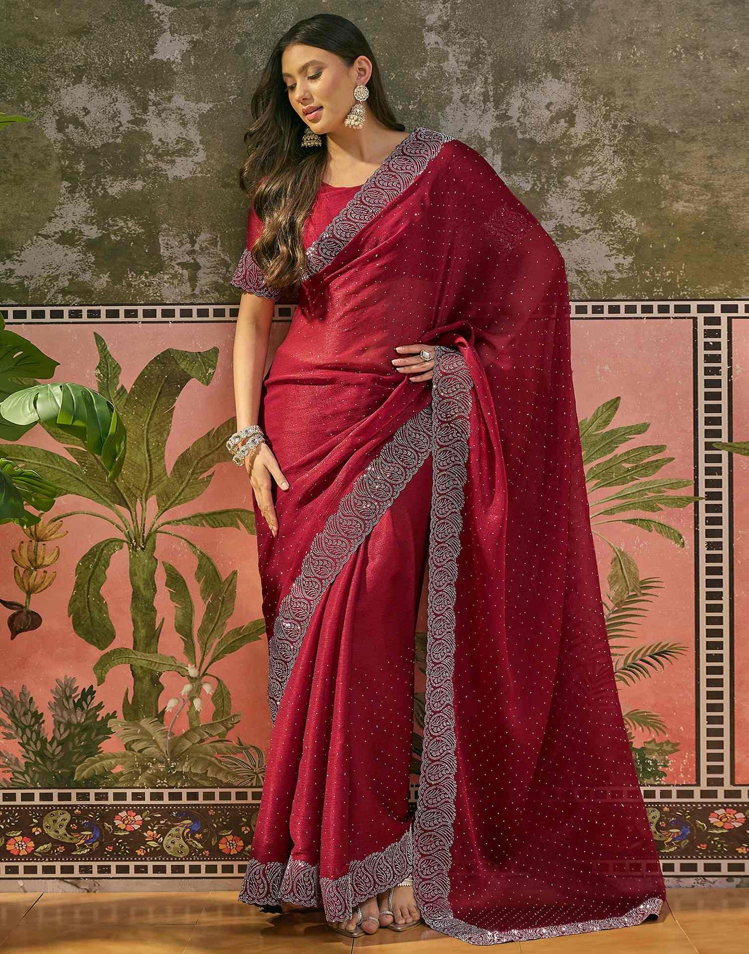 Maroon Shimmer Stone Work Swarovski Saree