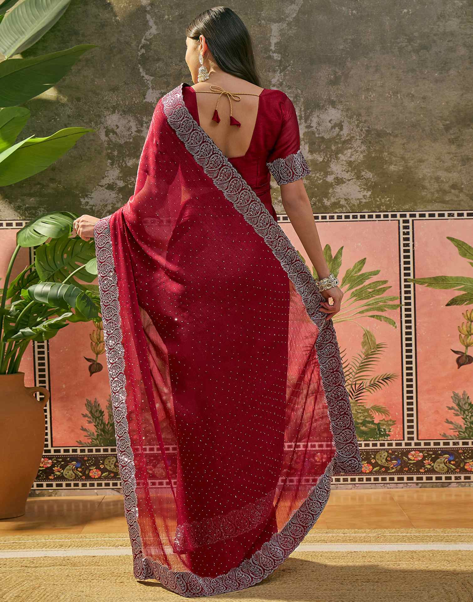 Maroon Shimmer Stone Work Swarovski Saree