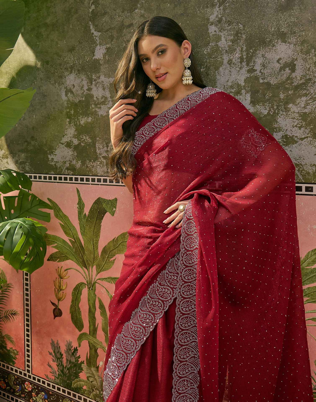 Maroon Shimmer Stone Work Swarovski Saree