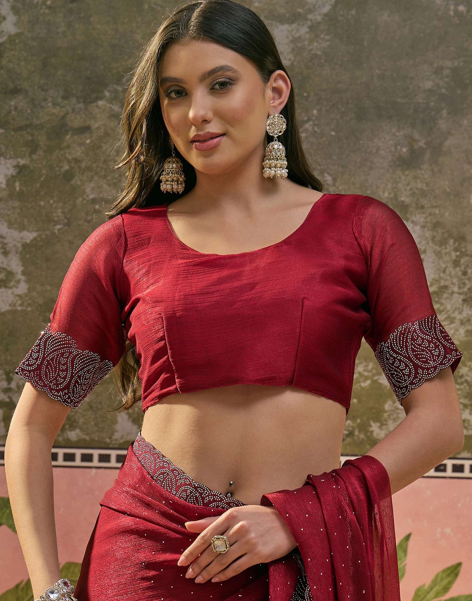 Maroon Shimmer Stone Work Swarovski Saree