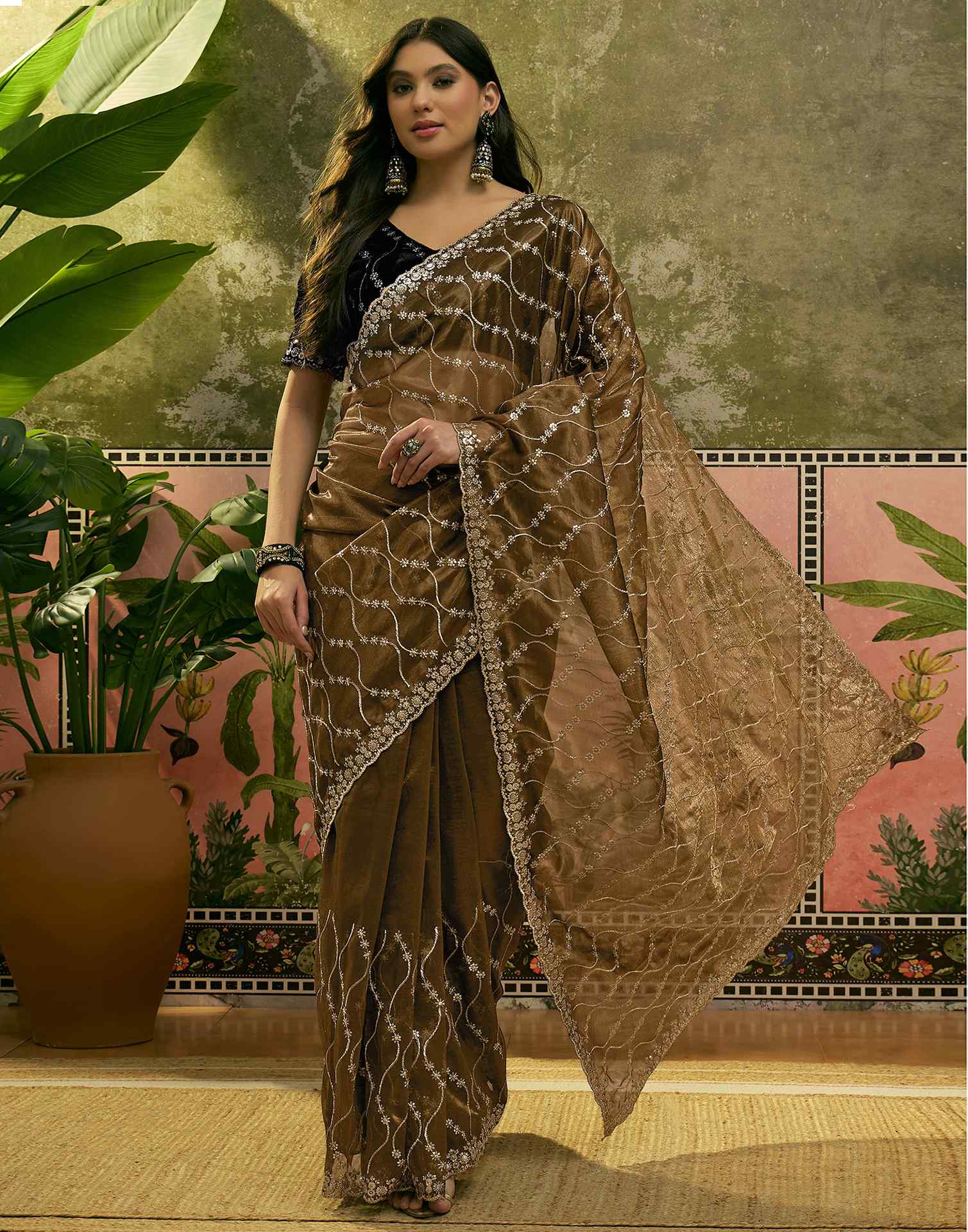 Dark Olive Green Net Sequence Embroidery Saree