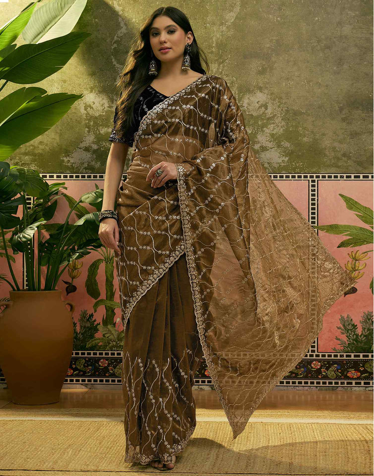 Dark Olive Green Net Sequence Embroidery Saree