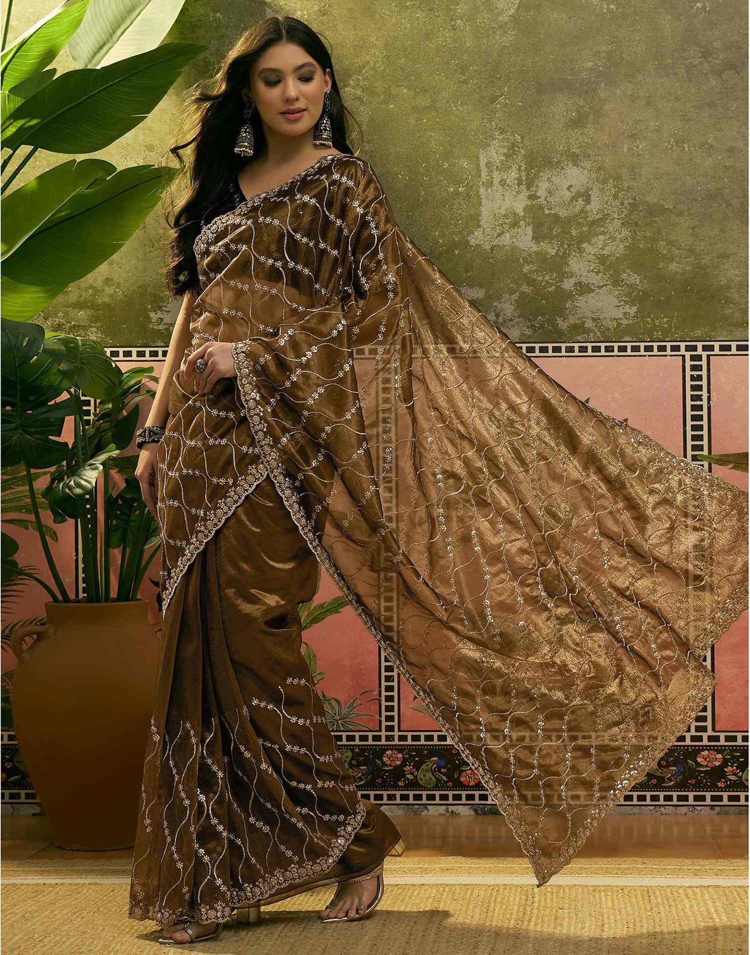 Dark Olive Green Net Sequence Embroidery Saree