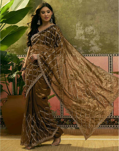 Dark Olive Green Net Sequence Embroidery Saree