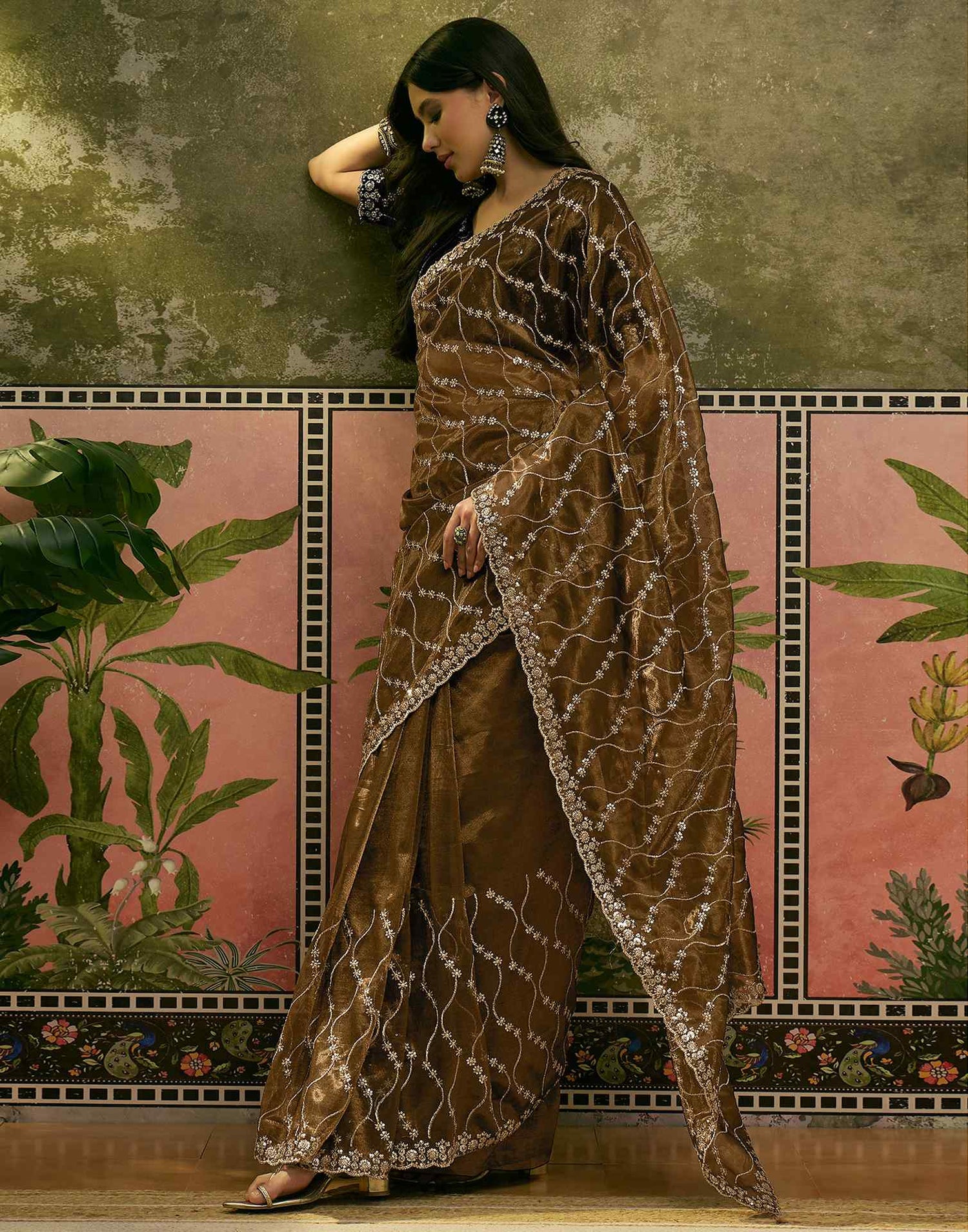 Dark Olive Green Net Sequence Embroidery Saree