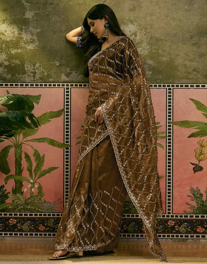 Dark Olive Green Net Sequence Embroidery Saree