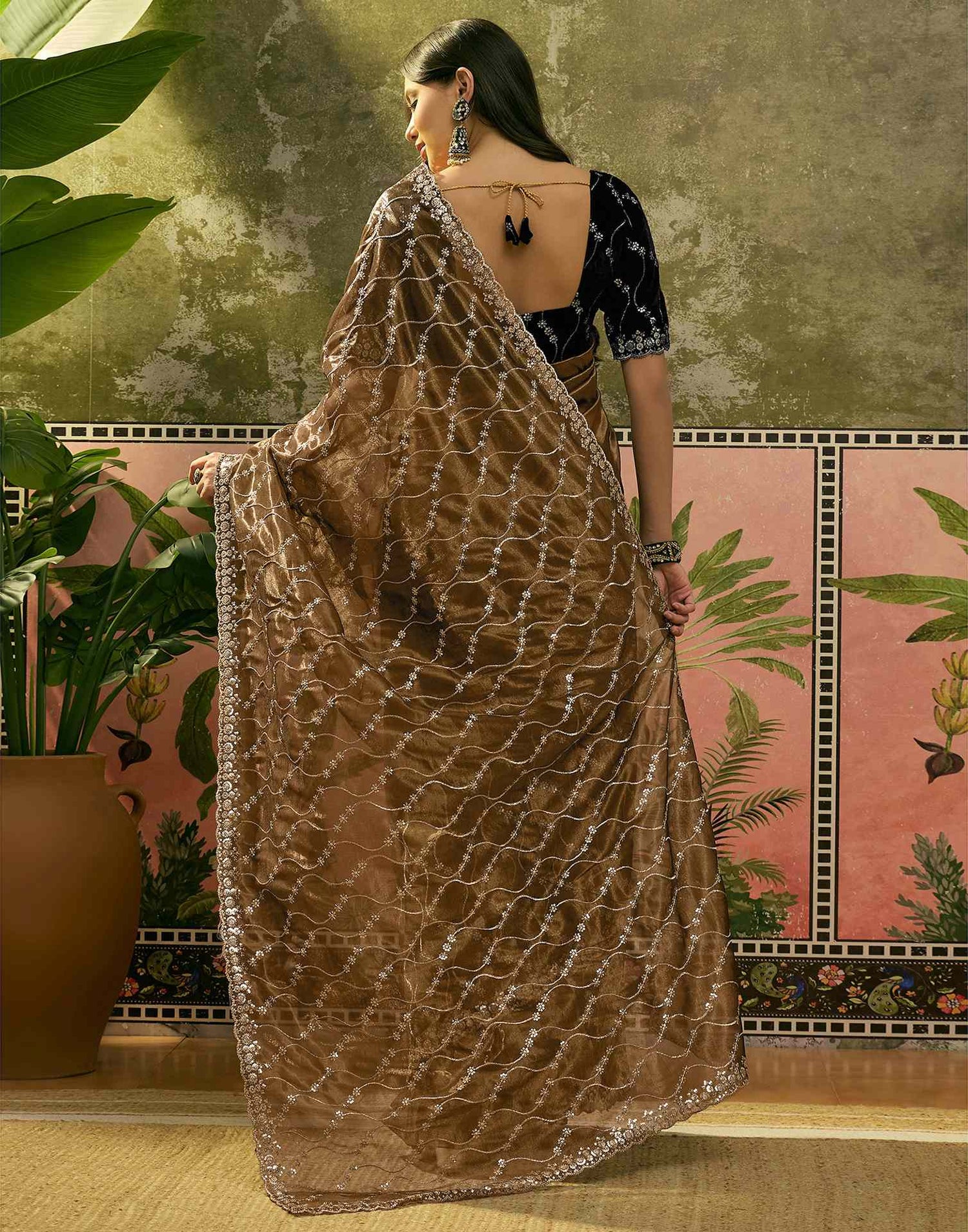 Dark Olive Green Net Sequence Embroidery Saree