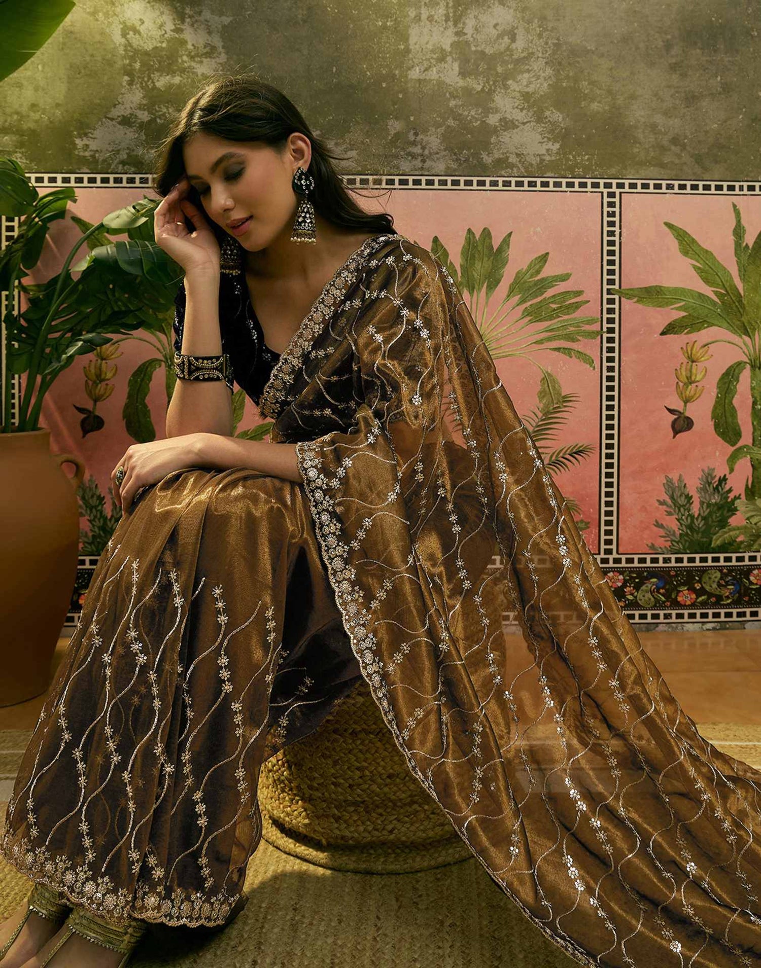 Dark Olive Green Net Sequence Embroidery Saree