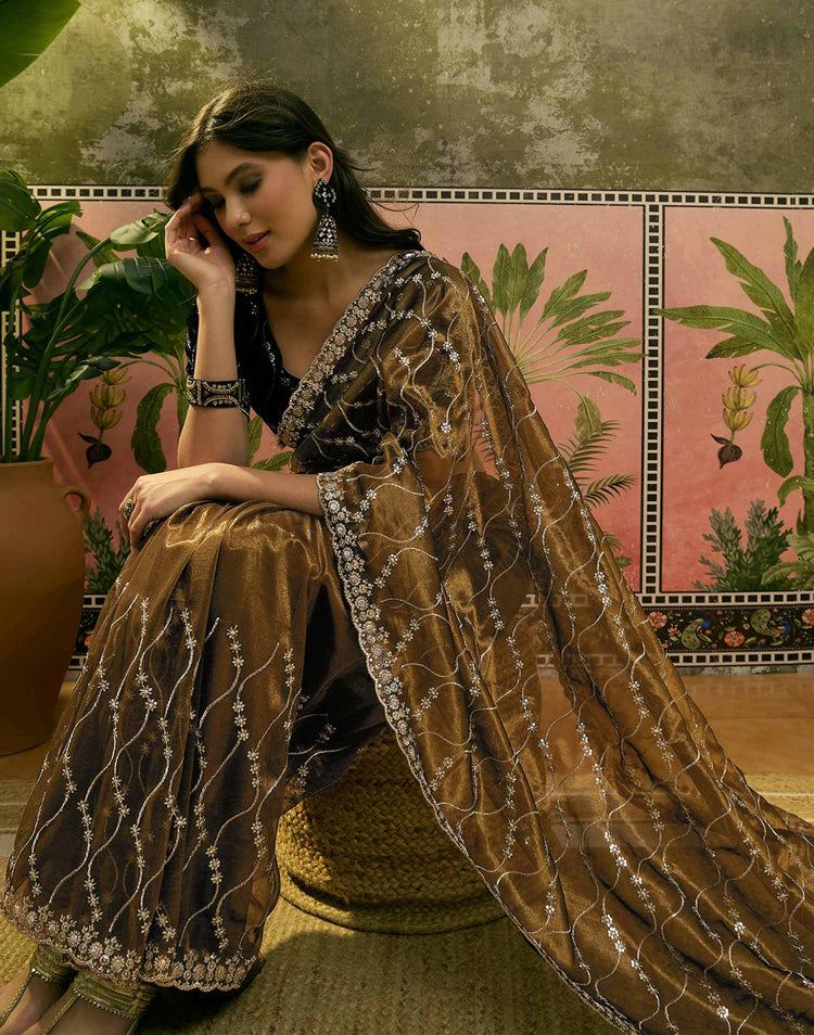 Dark Olive Green Net Sequence Embroidery Saree