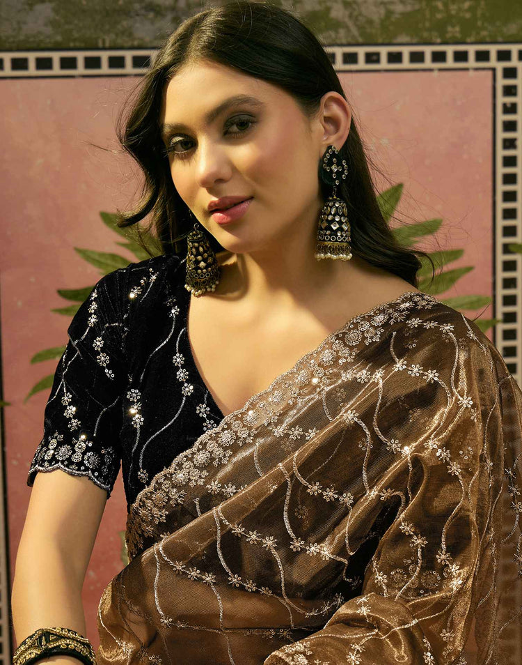 Dark Olive Green Net Sequence Embroidery Saree