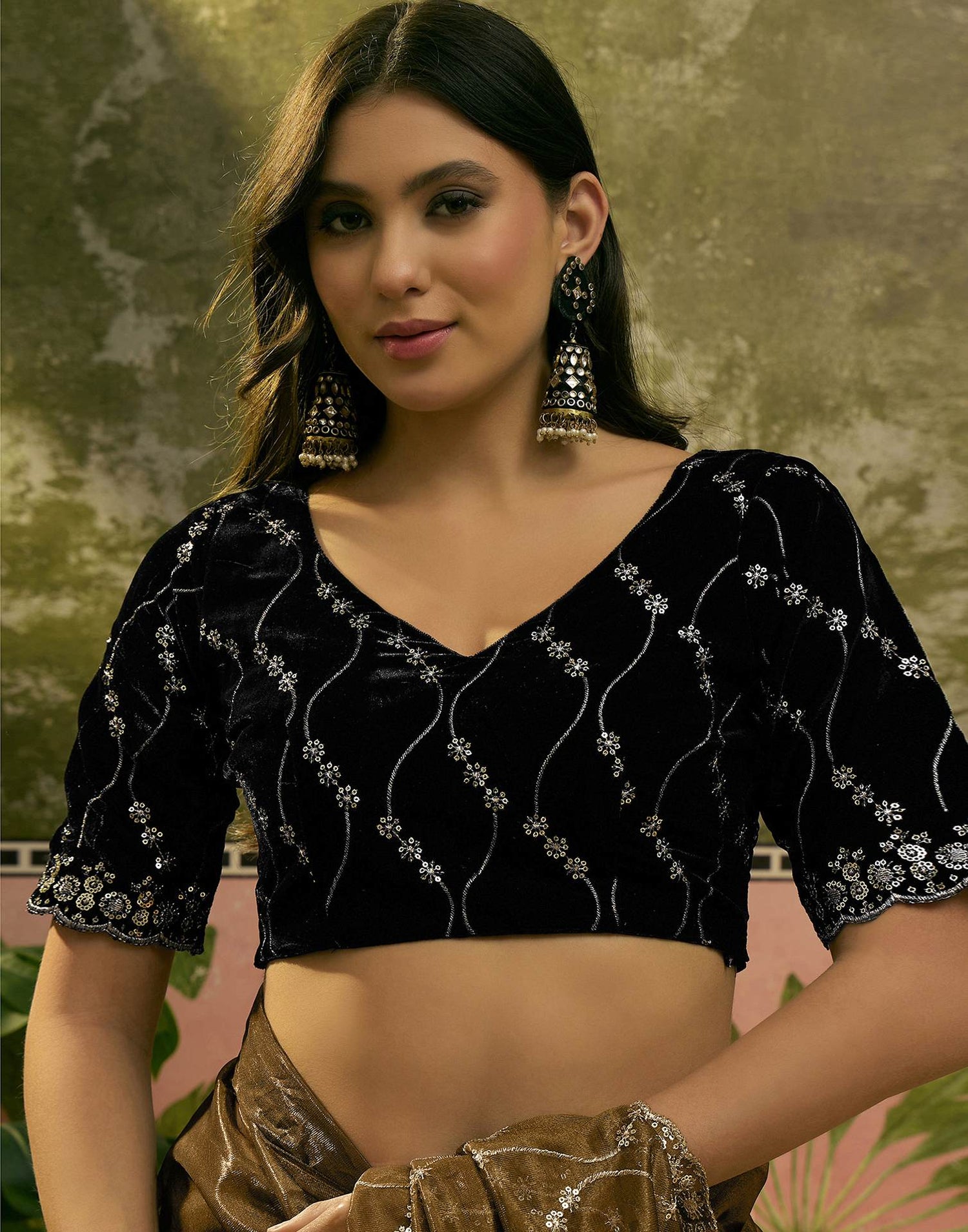 Dark Olive Green Net Sequence Embroidery Saree