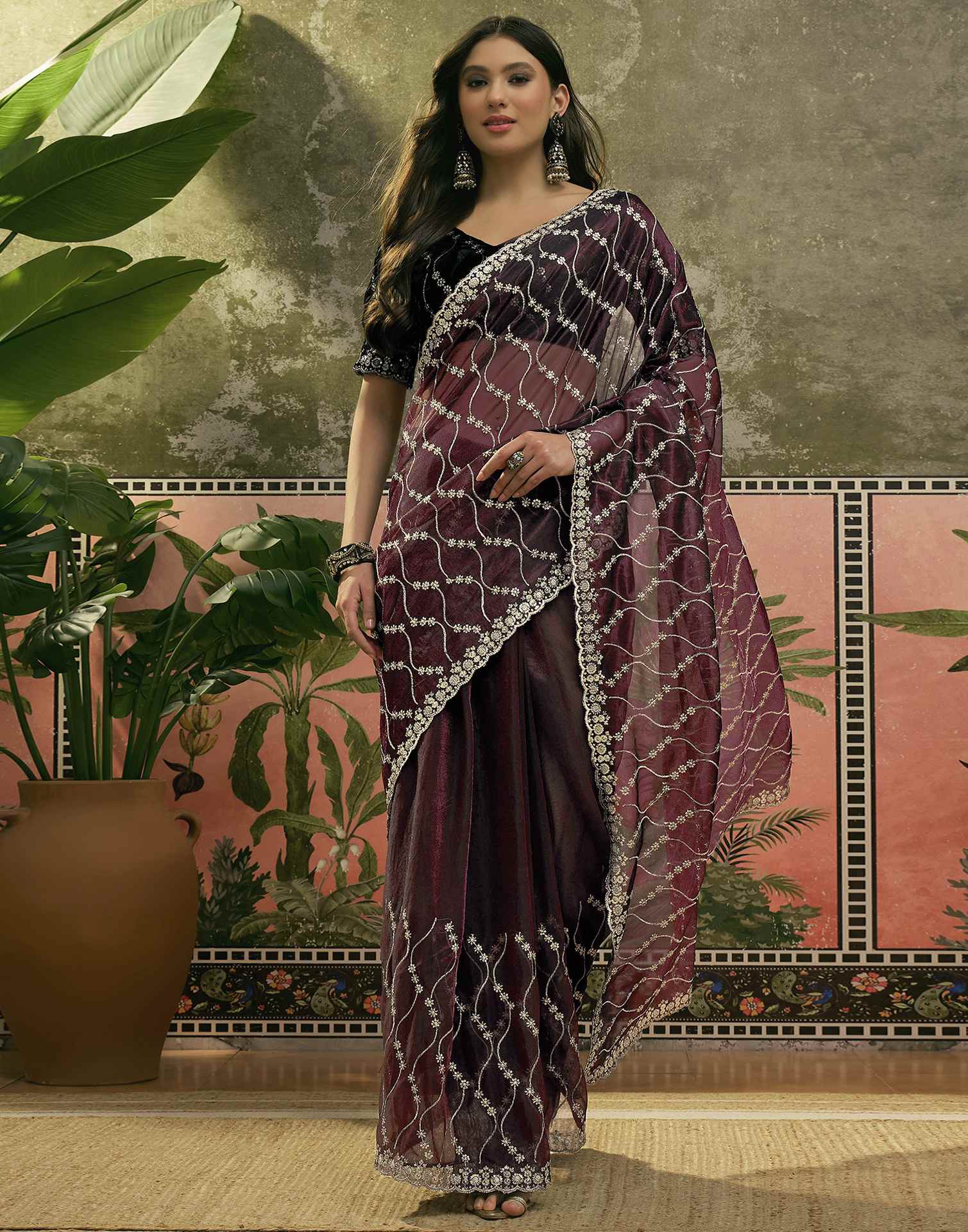 Wine Net Sequence Embroidery Saree