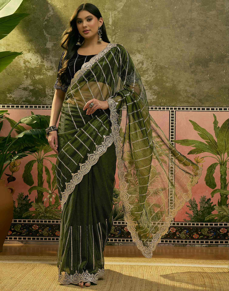 Dark Green Net Sequence Embroidery Saree