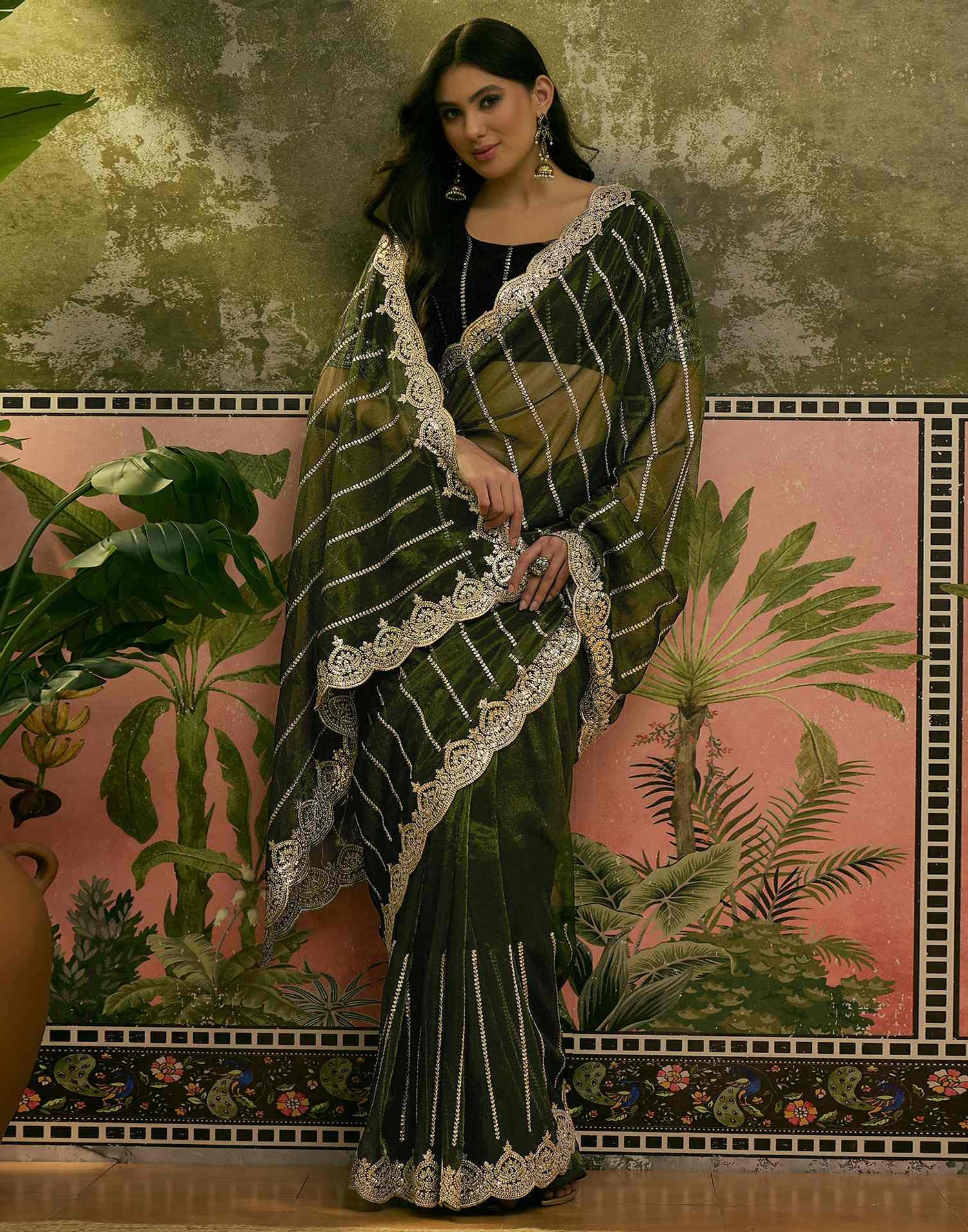 Dark Green Net Sequence Embroidery Saree