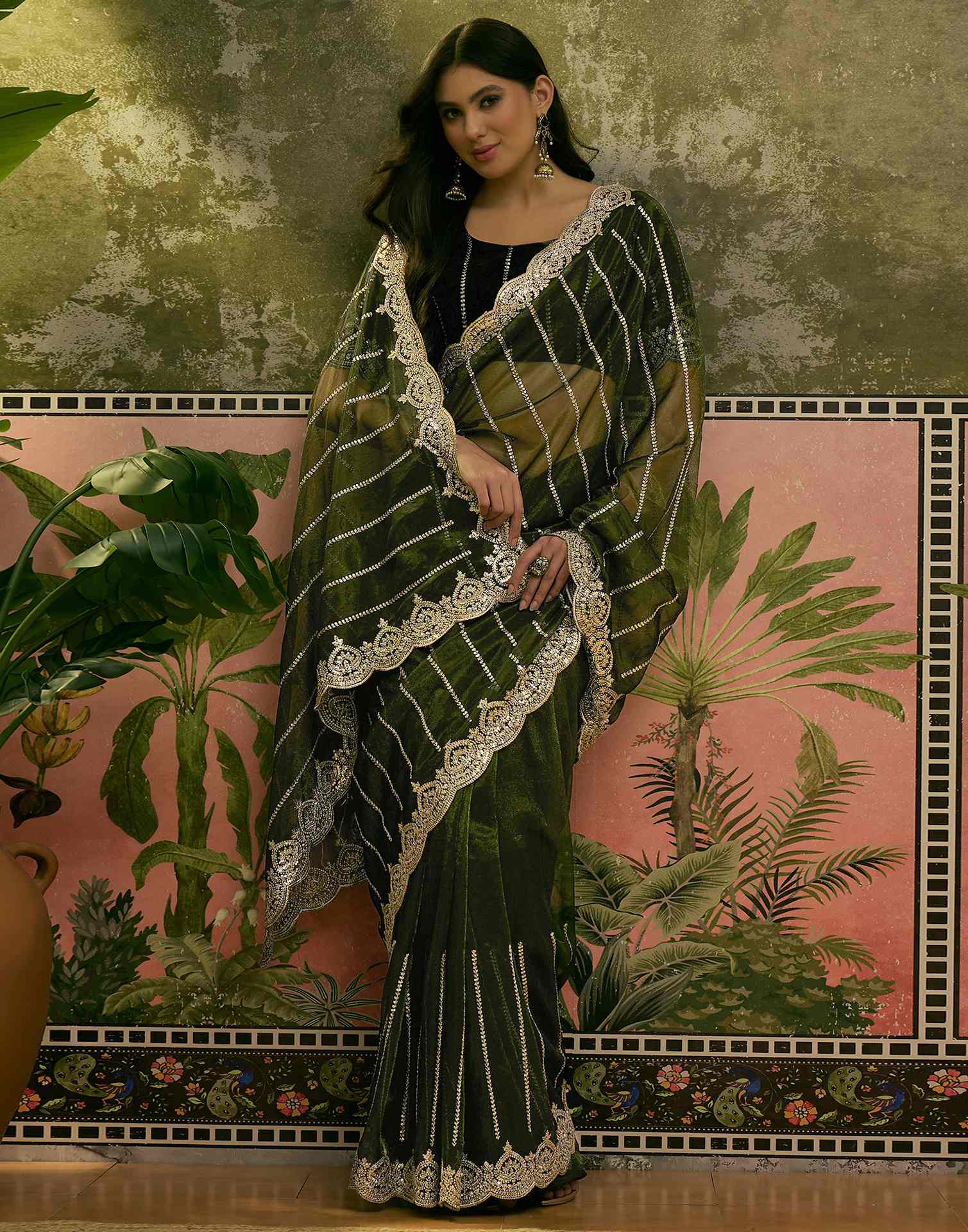Dark Green Net Sequence Embroidery Saree