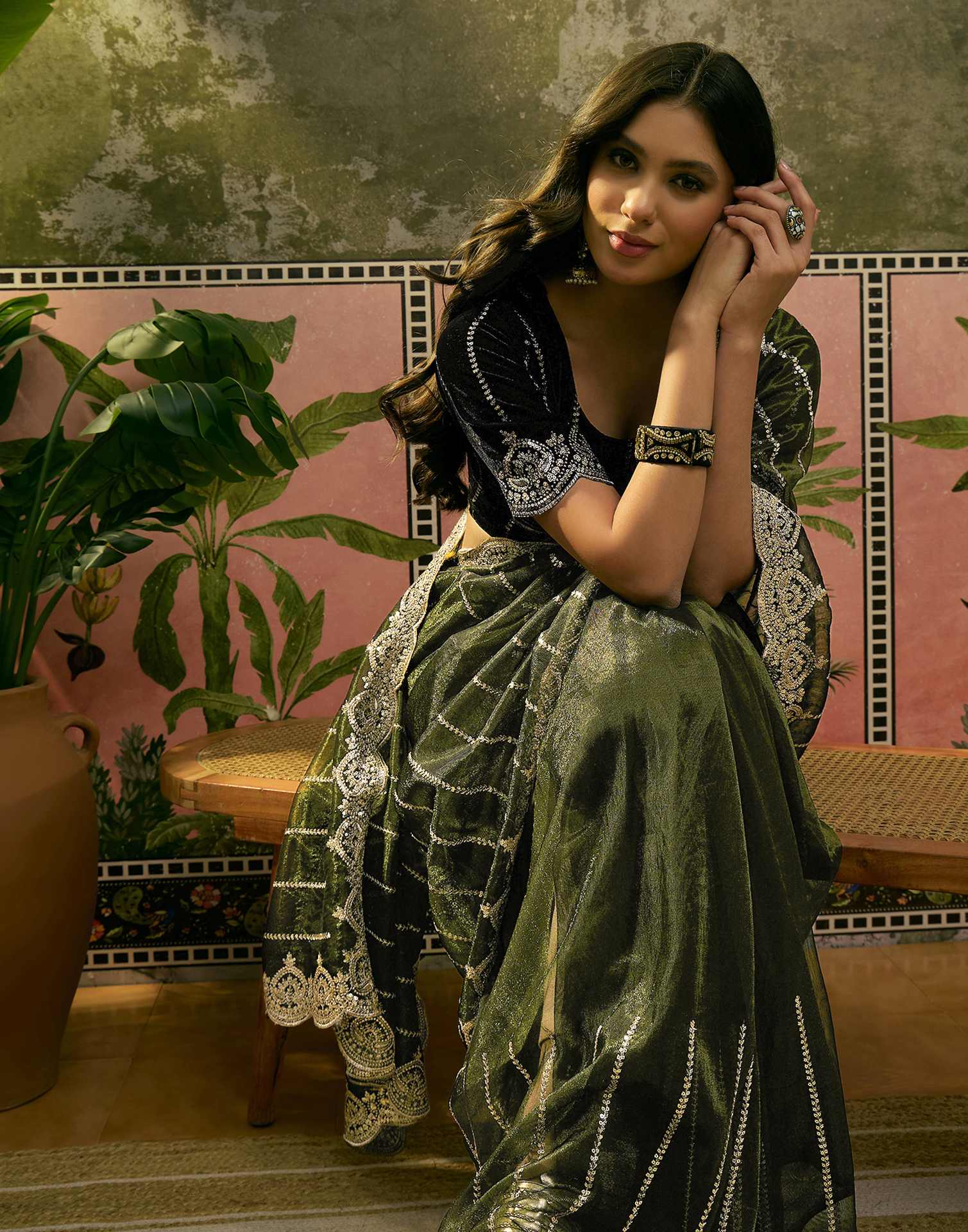 Dark Green Net Sequence Embroidery Saree