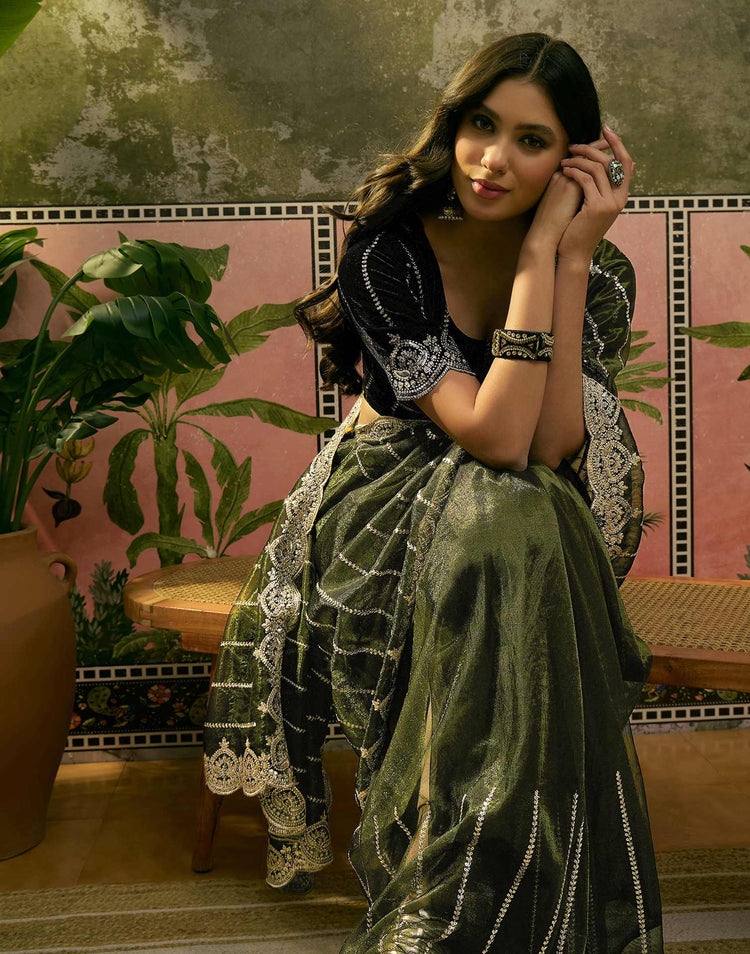Dark Green Net Sequence Embroidery Saree