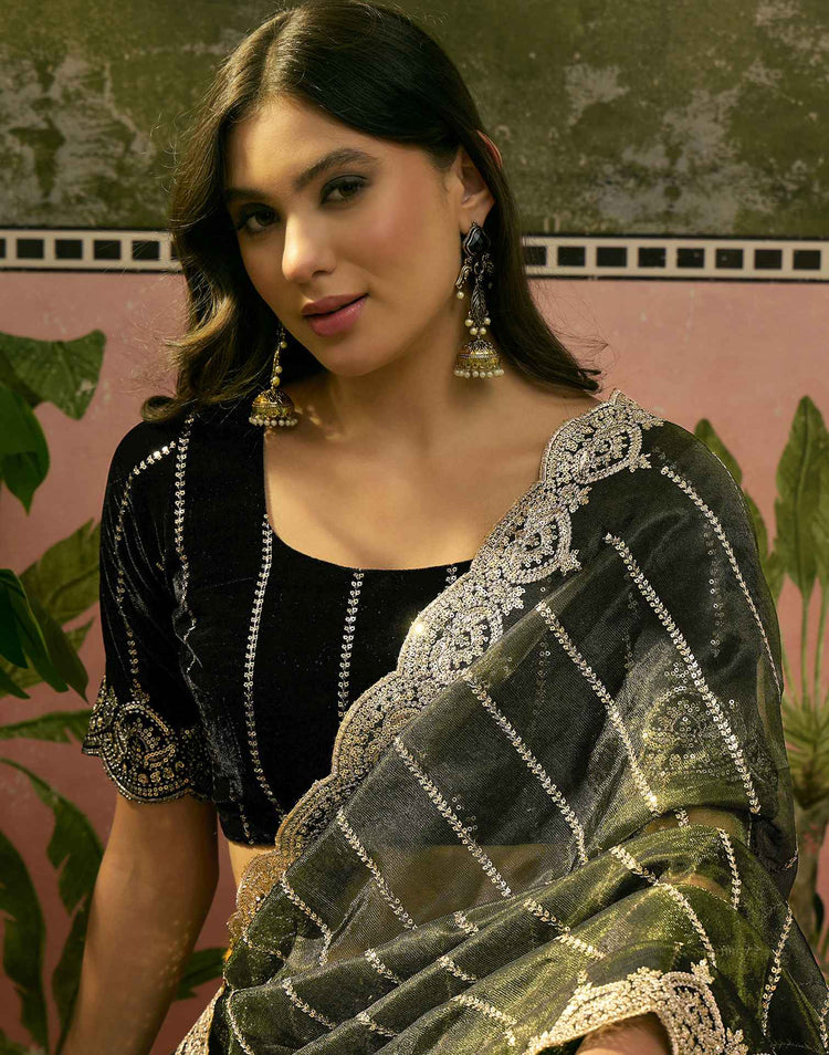 Dark Green Net Sequence Embroidery Saree