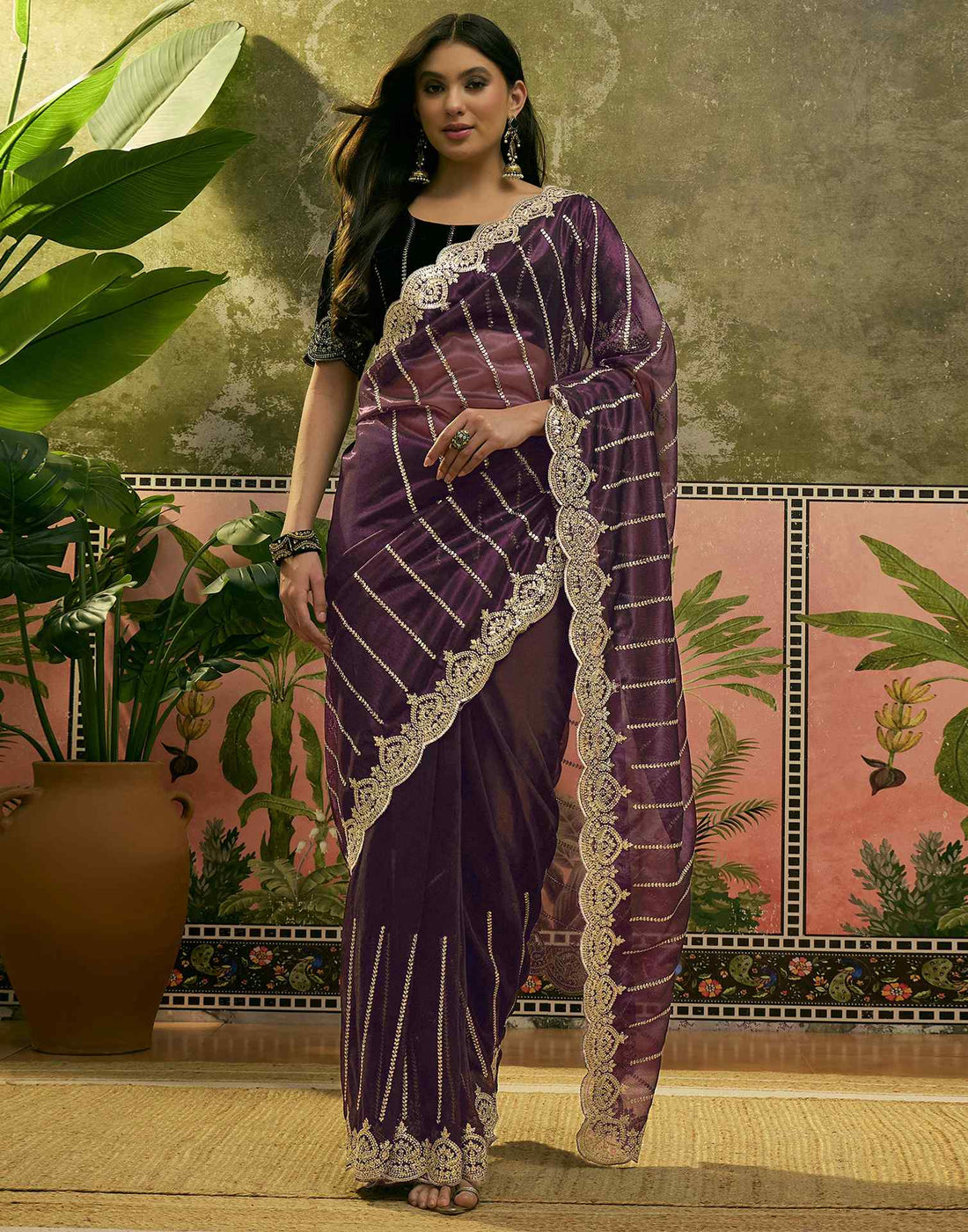 Wine Net Sequence Embroidery Saree