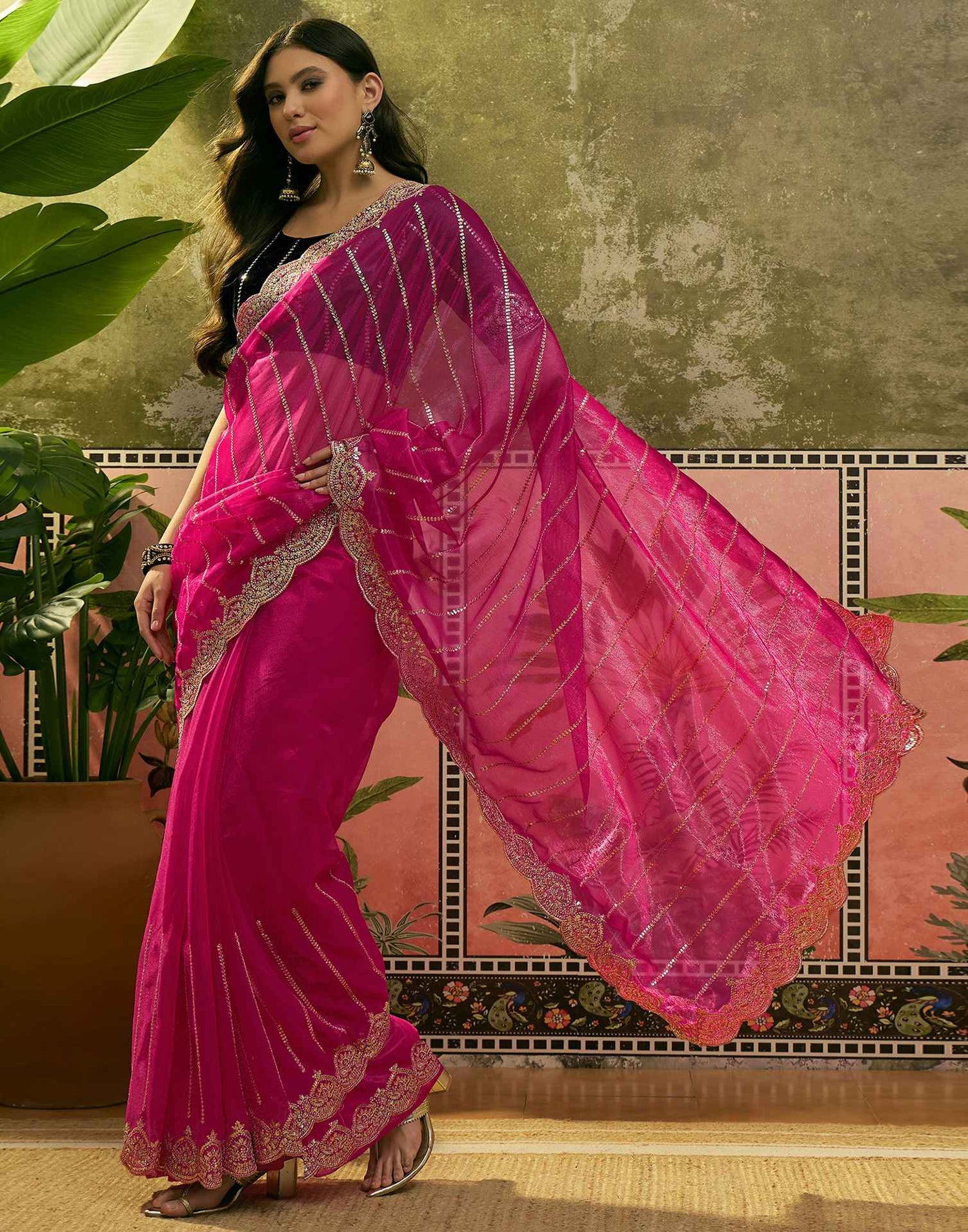 Pink Net Sequence Embroidery Saree