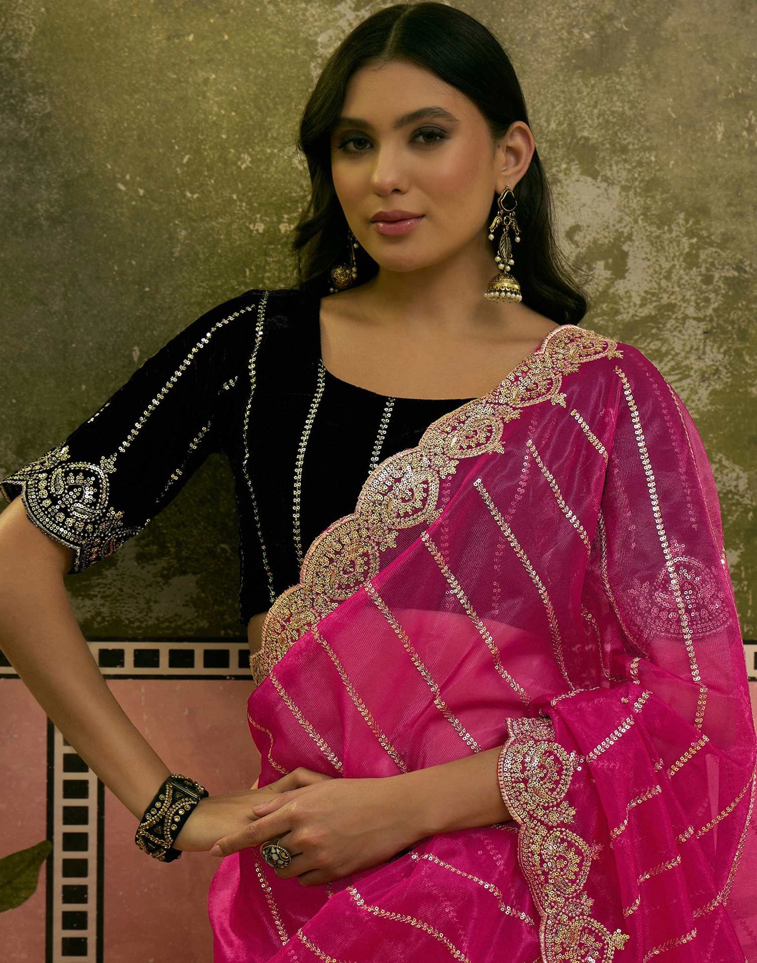 Pink Net Sequence Embroidery Saree