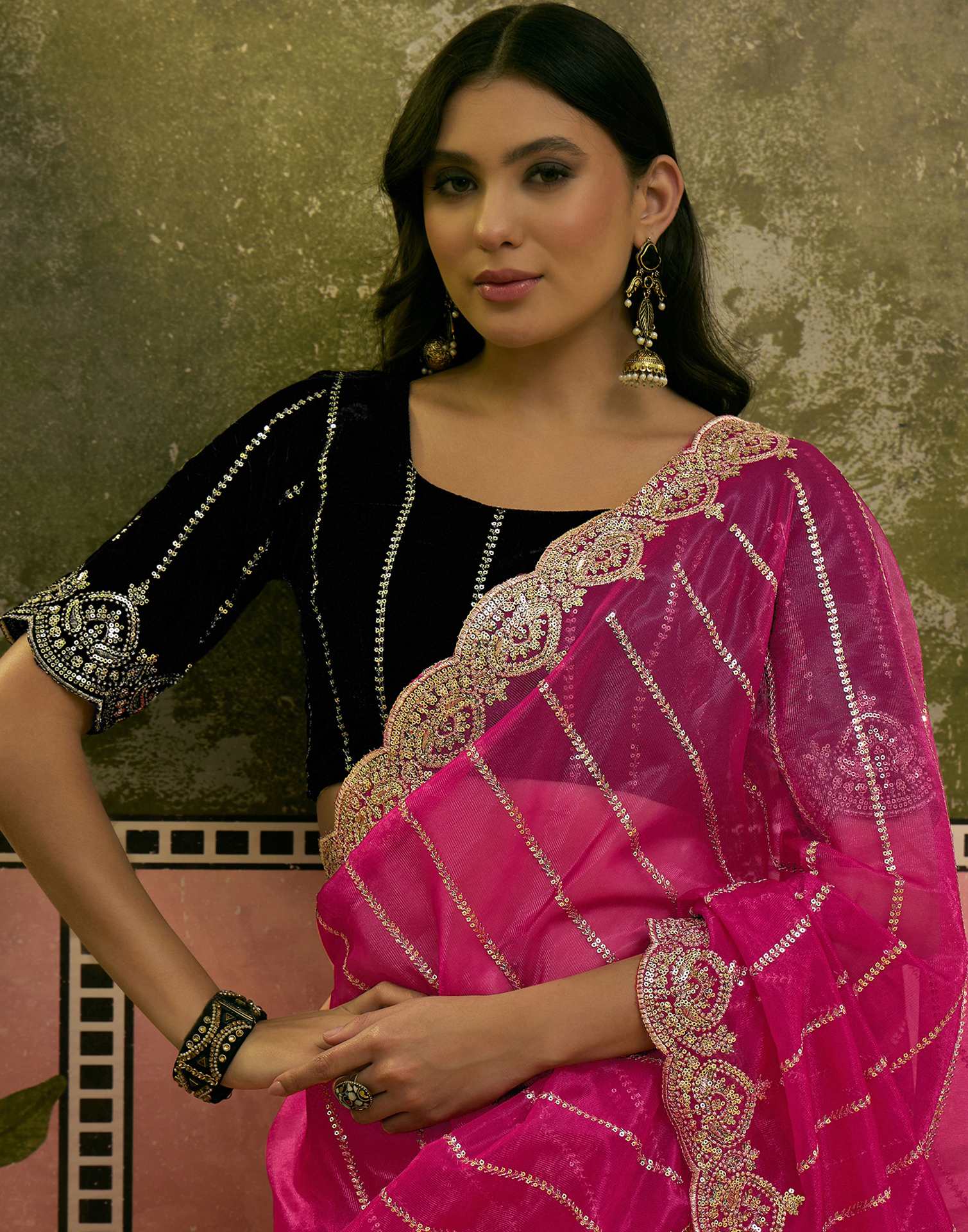Pink Net Sequence Embroidery Saree