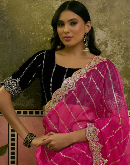 Pink Net Sequence Embroidery Saree