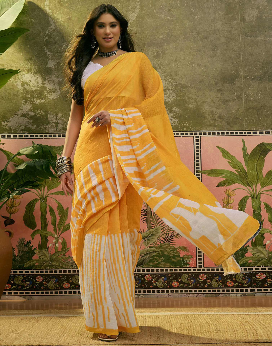 Yellow Linen Printed Saree