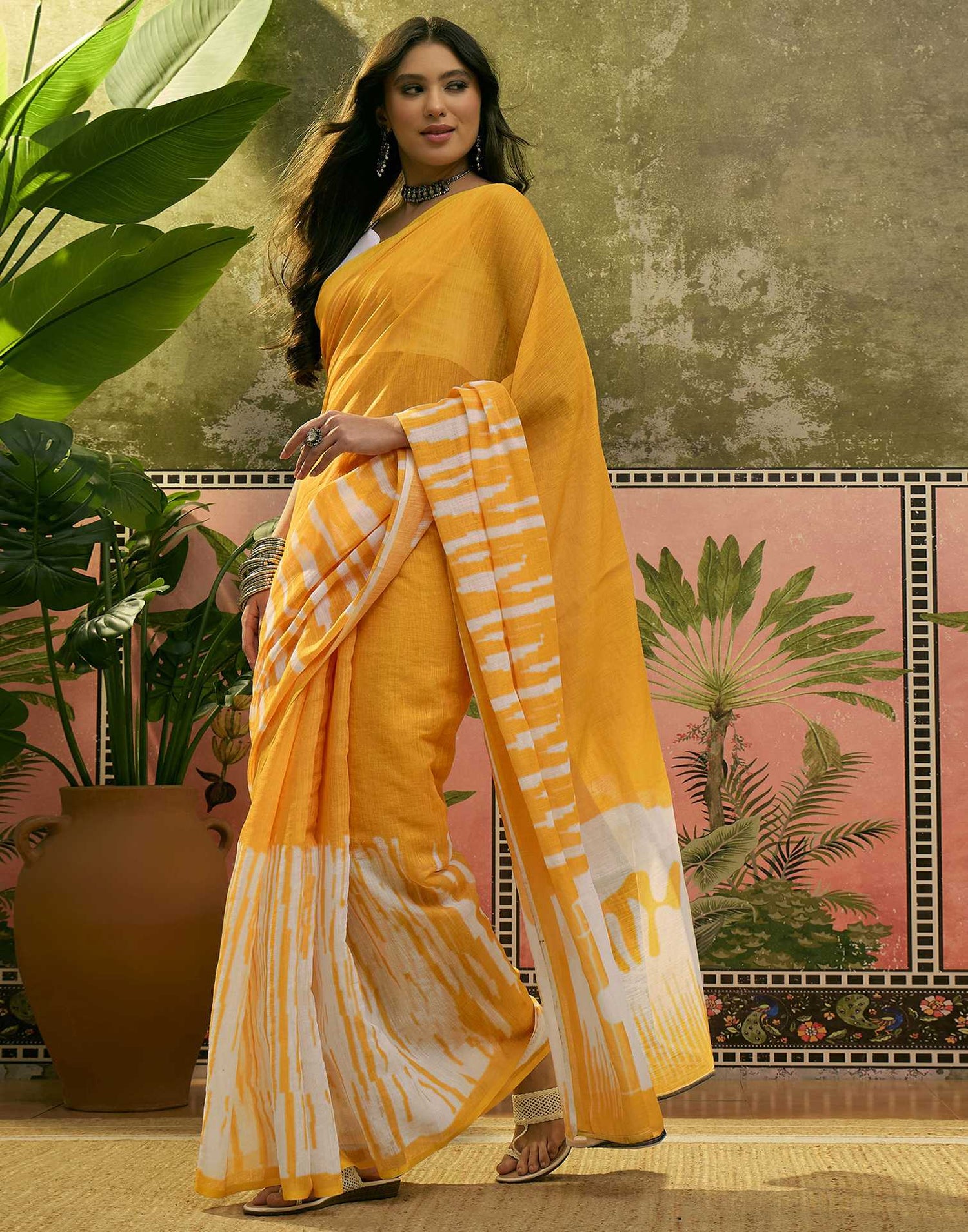 Yellow Linen Printed Saree