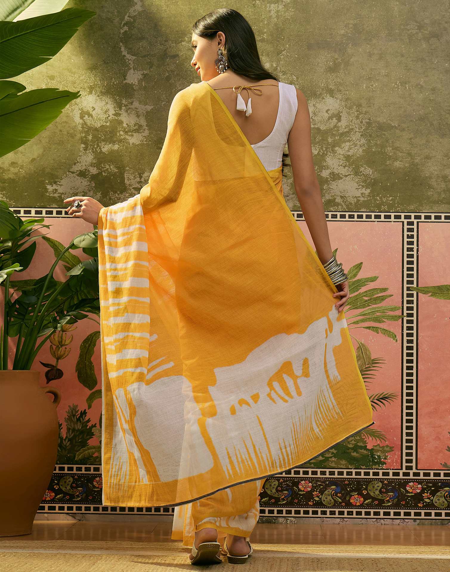 Yellow Linen Printed Saree
