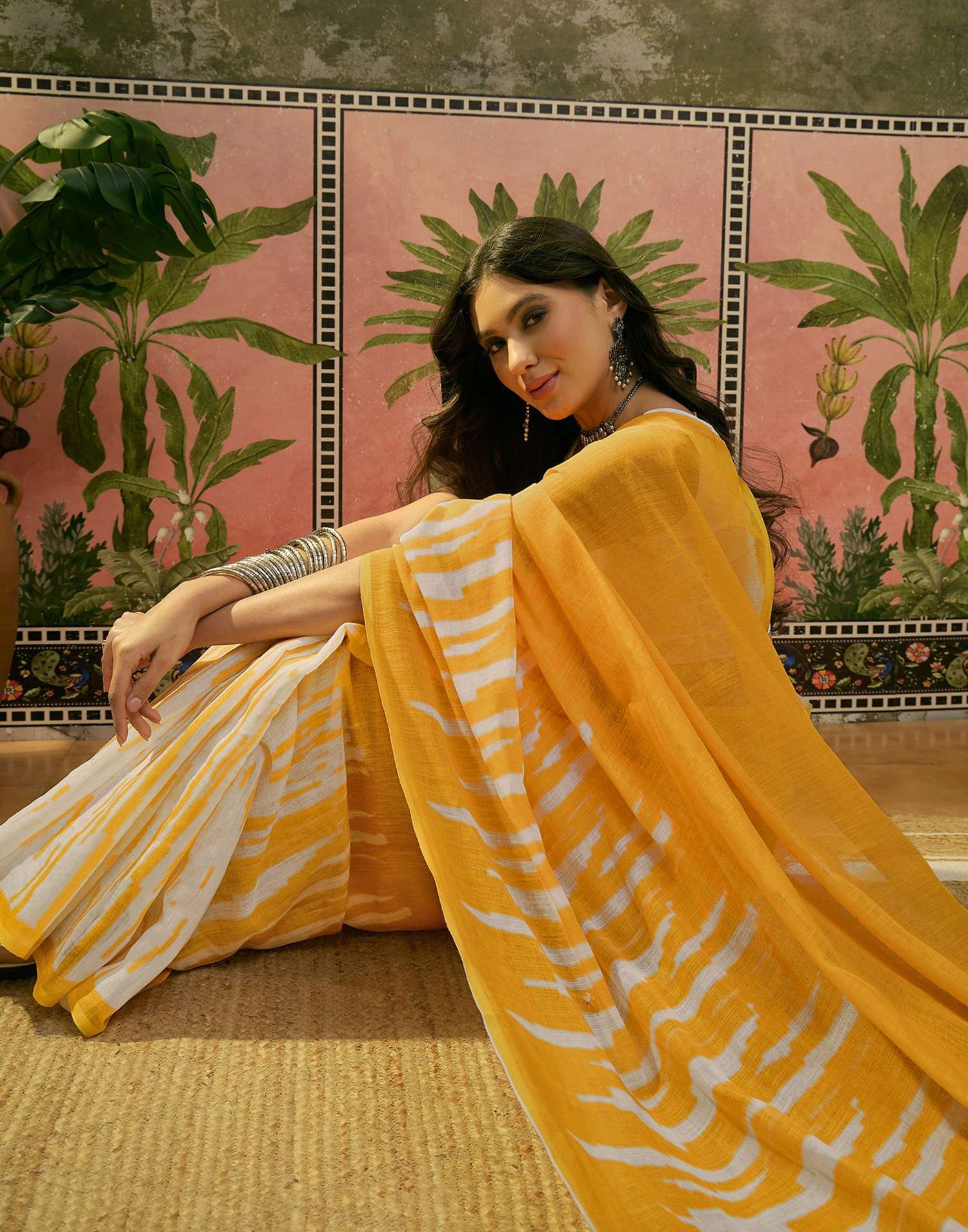 Yellow Linen Printed Saree