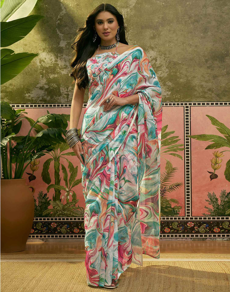 Multicoloured Linen Printed Saree