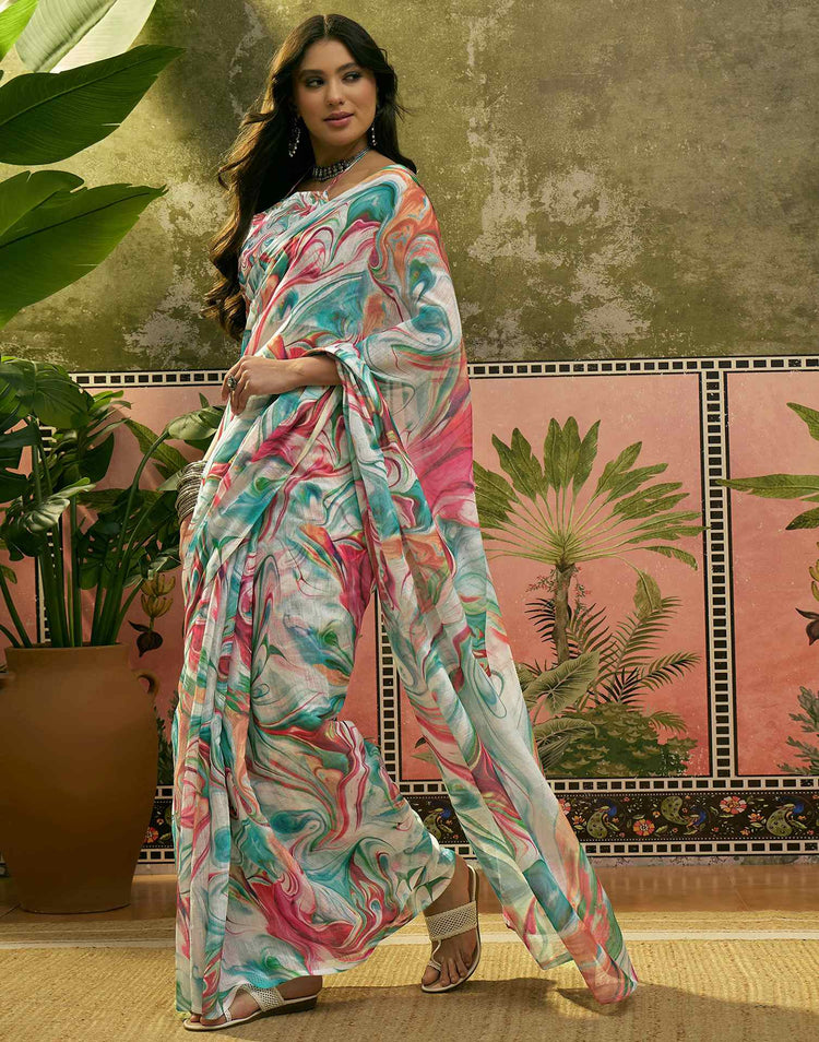 Multicoloured Linen Printed Saree