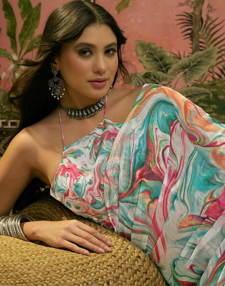 Multicoloured Linen Printed Saree