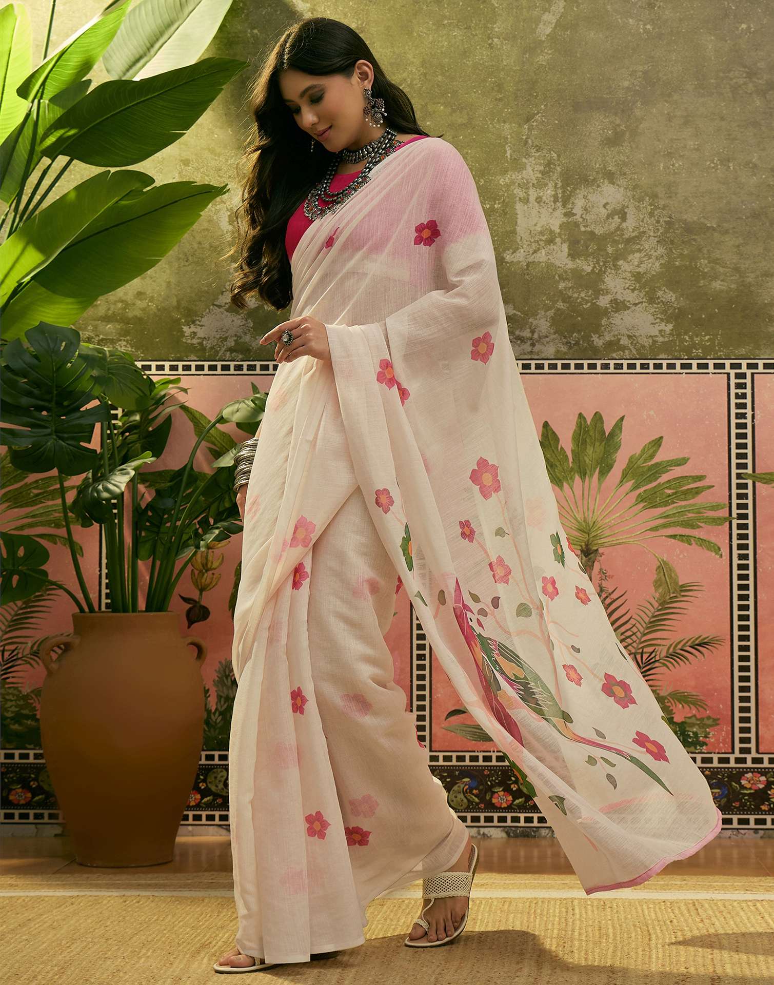 Beige Linen Printed Saree