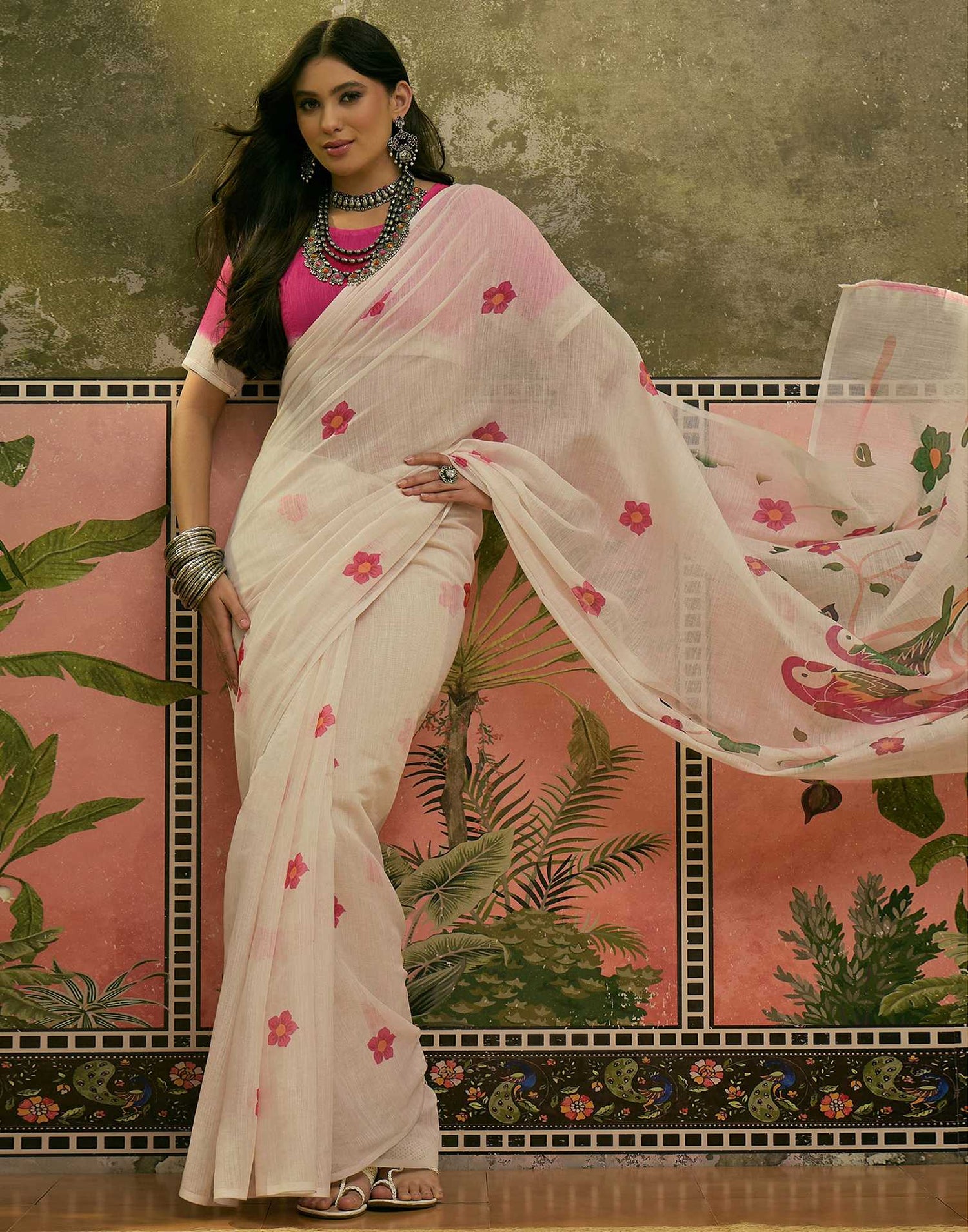Beige Linen Printed Saree