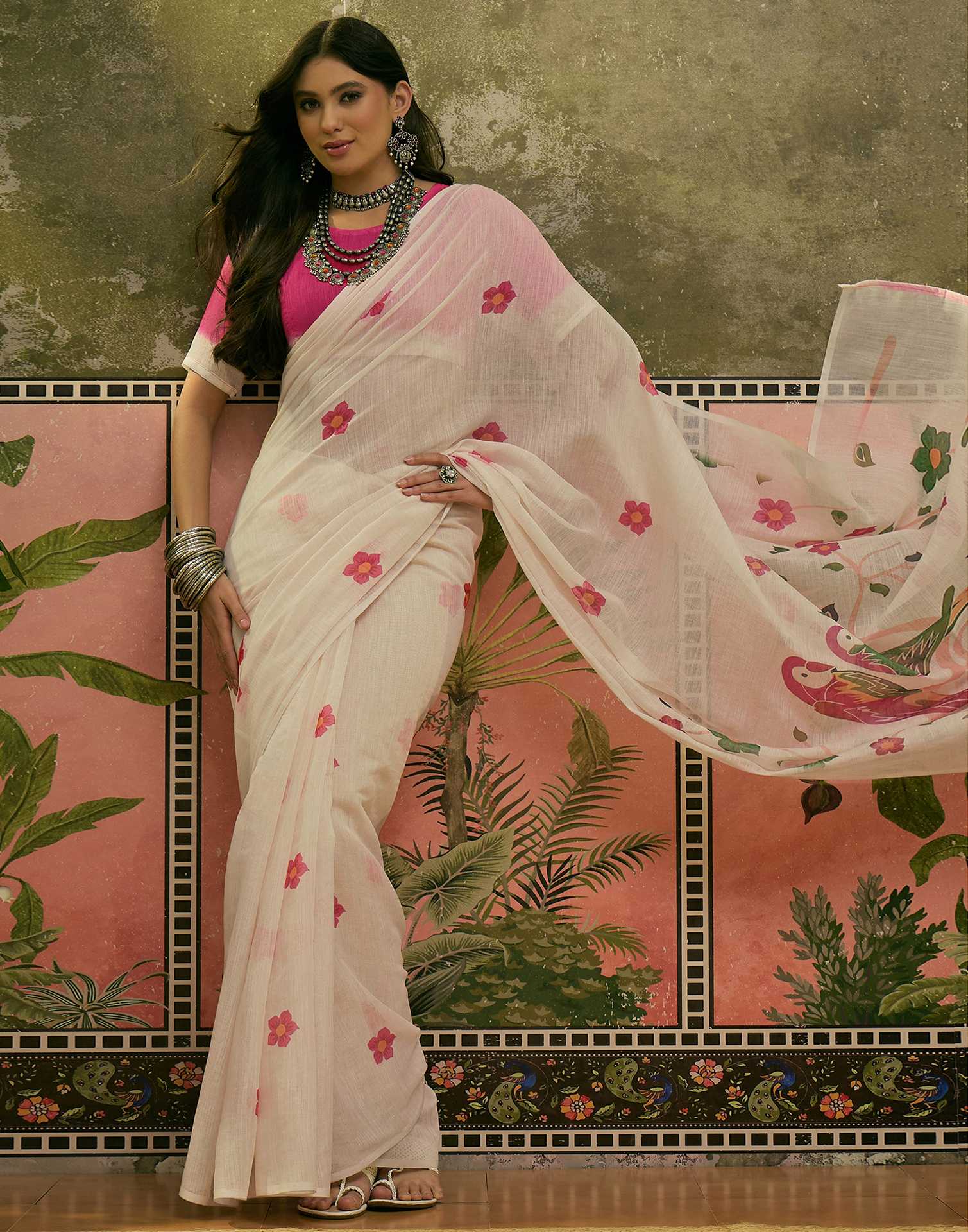 Beige Linen Printed Saree