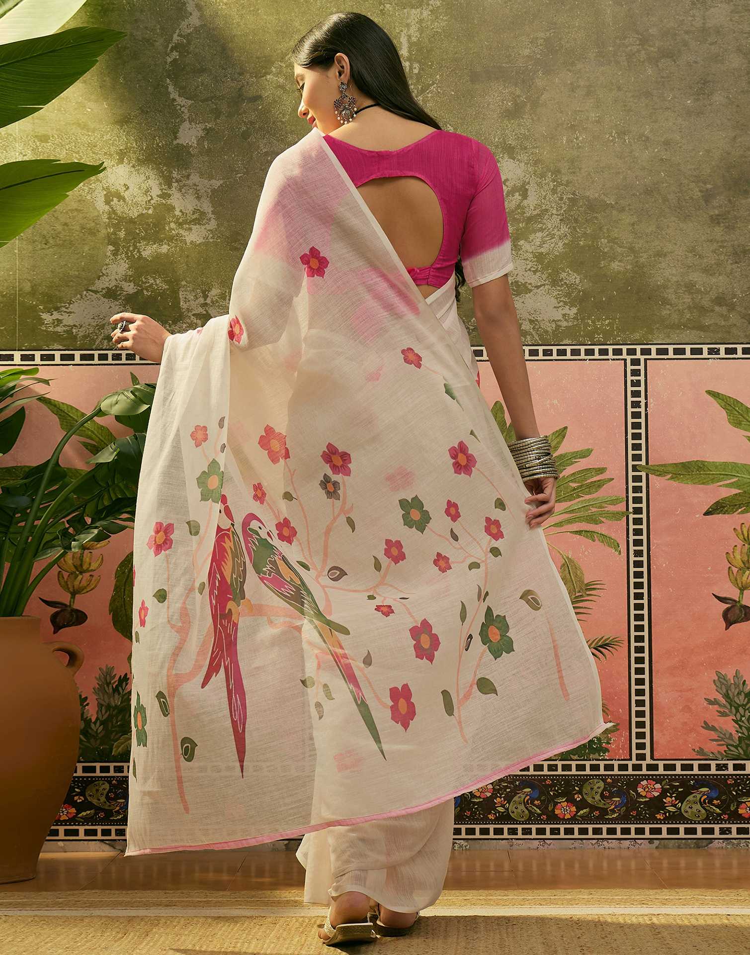 Beige Linen Printed Saree