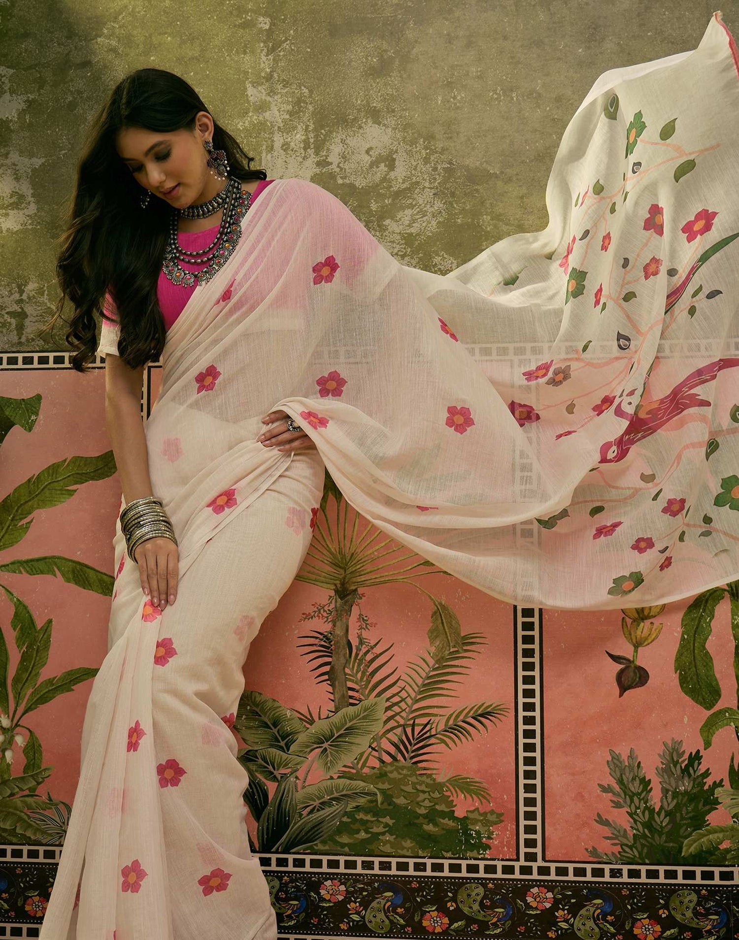 Beige Linen Printed Saree